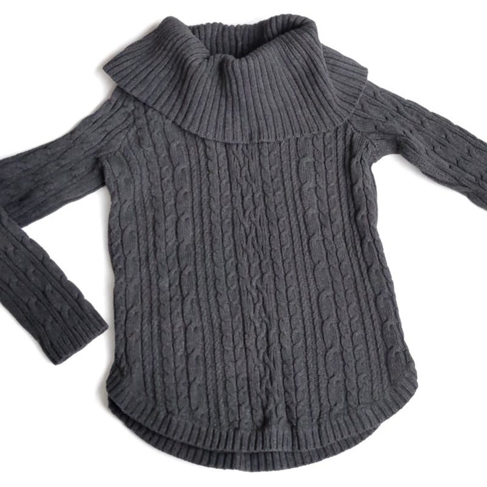 Beautiful Jeanne Pierre Small Cable Knit Chunky Fitted Turtleneck Grey Charcoal